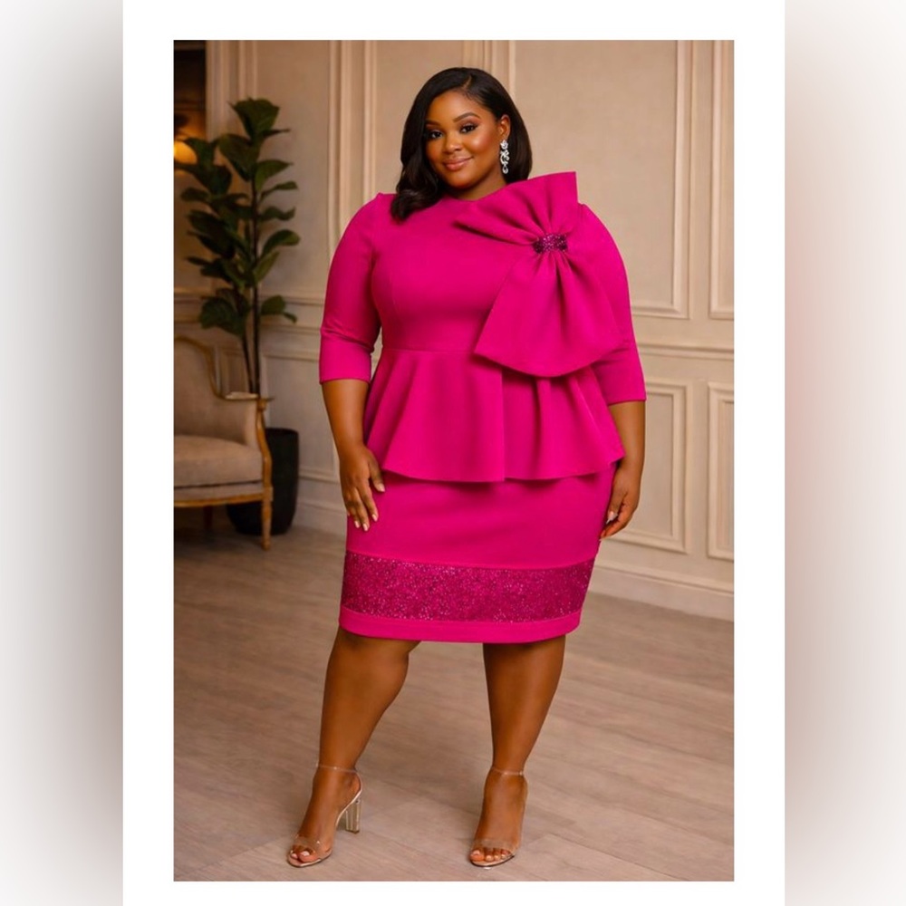 Elegant Pink Peplum Dress with Bow Detail